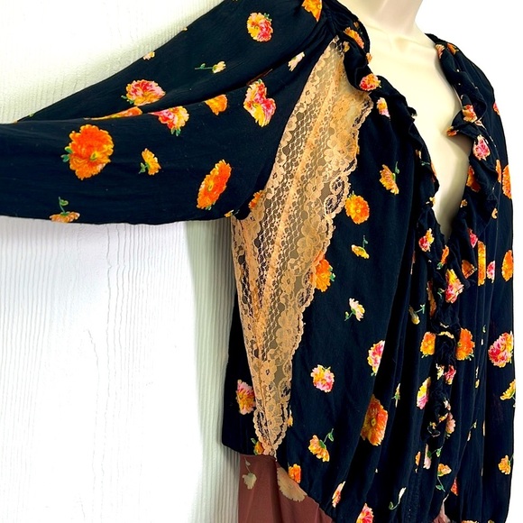 Free People - Poppy Orange Lace Ruffle Long Sleeve Full Brief Bodysuit Size M - Picture 6 of 15